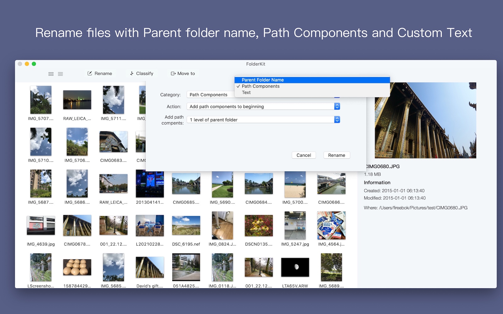 FolderKit renames files from multilevel folders and subfolders