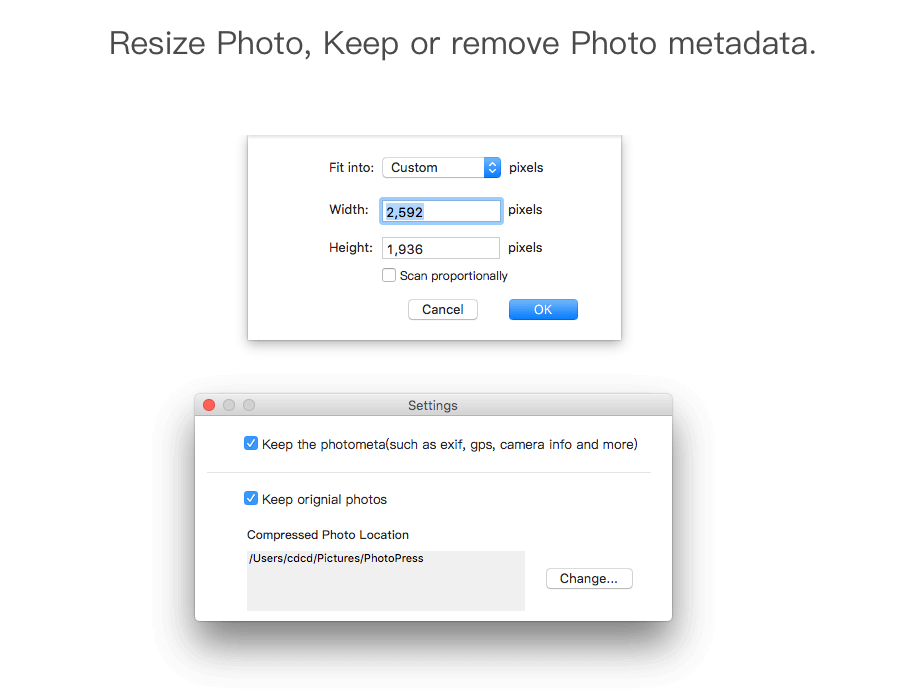 PhotoPress resize photo, keep and remove photo metadata