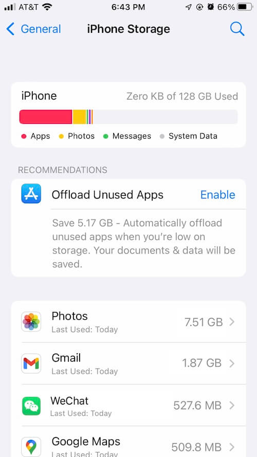 iphone usage storage error