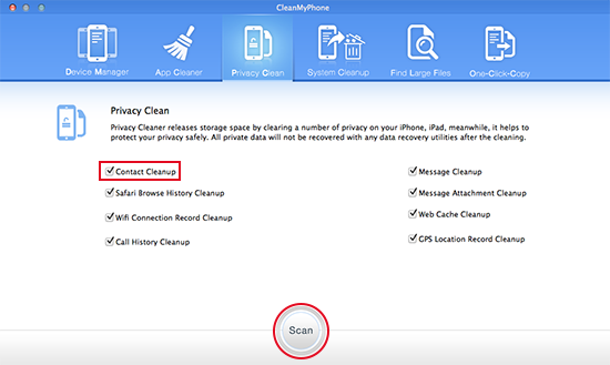 Select Contact Cleanup to Scan