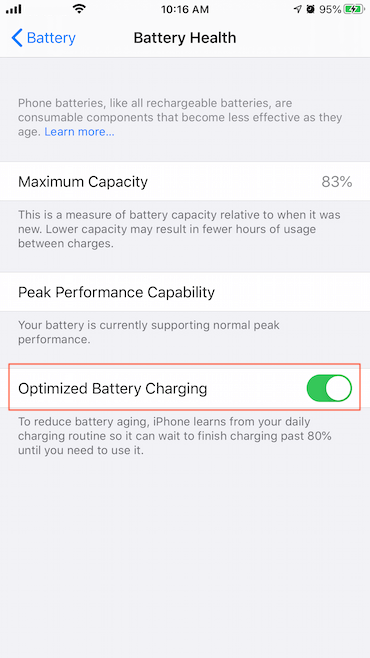 turn off optimize iPhone battery