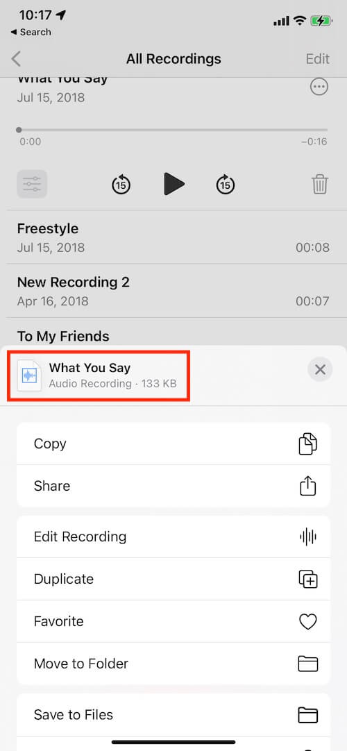 view file size of voice memos file