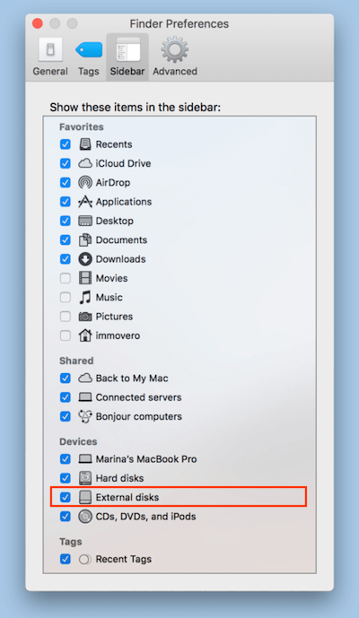 show disk external disk in the sidebar