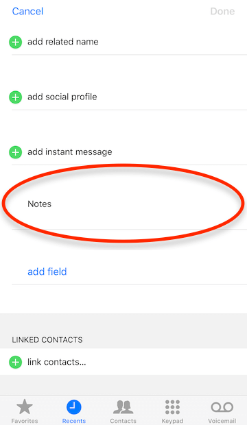 contact notes filed is unavailable on iPhone