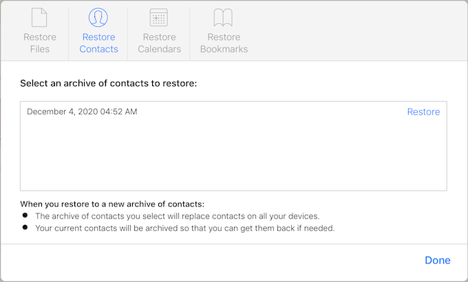 restore contact from icloud