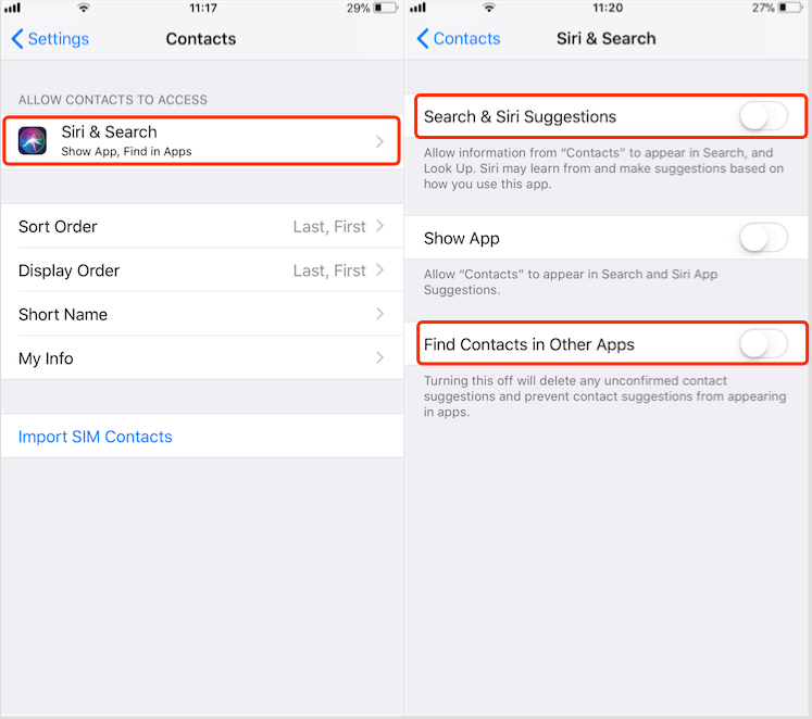 Turn Off Search & Siri suggestions in Contacts