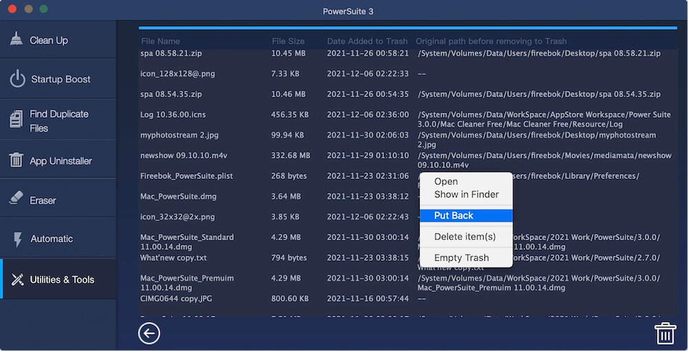 view the original file path of the trash item