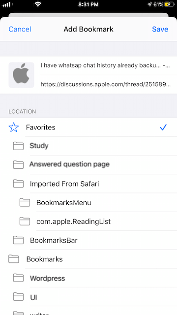 add bookmark in the proper location on iPhone