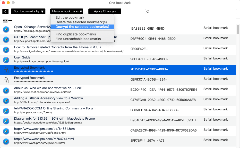 decrypte Safari bookmark in one bookmark