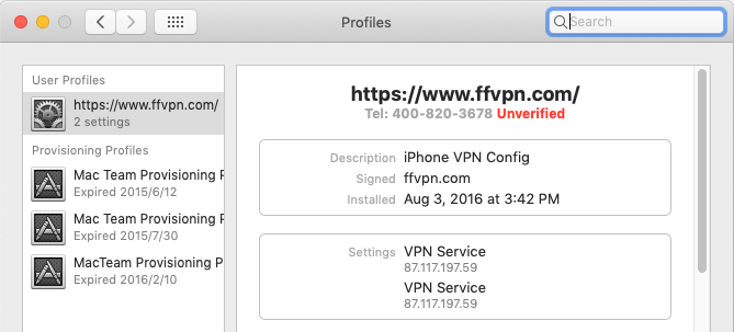 remove vpn profiles on macOS