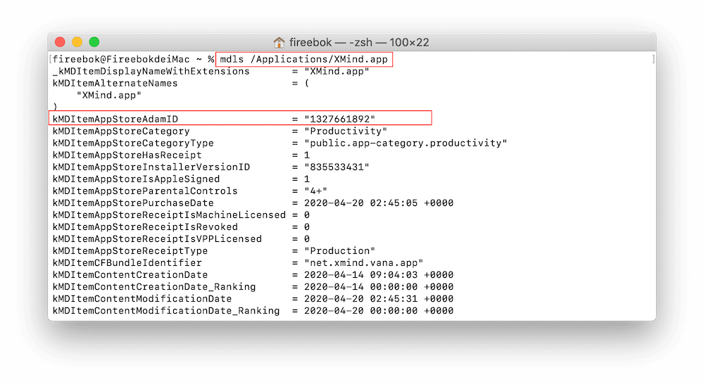 use mdls command to check application