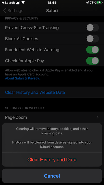 clear website data on iPhone