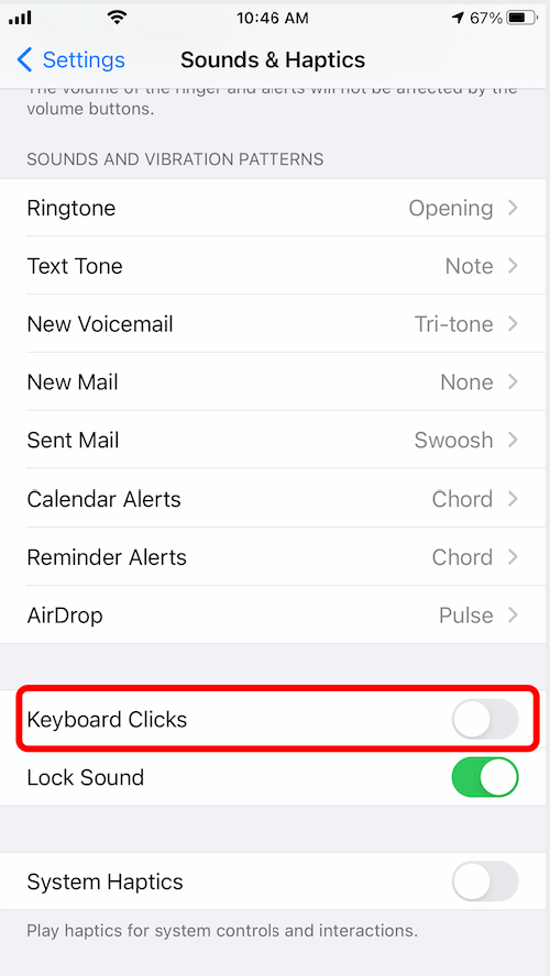 turn off key board clicks