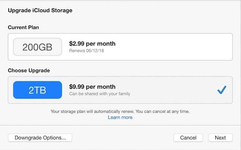 upgrade icloud storage