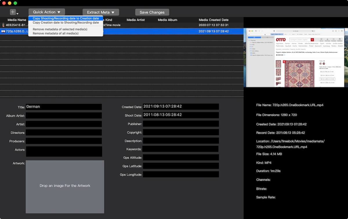 copy content video metadata date to creation date