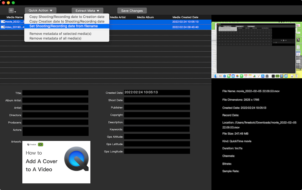 set video capture date based on filename