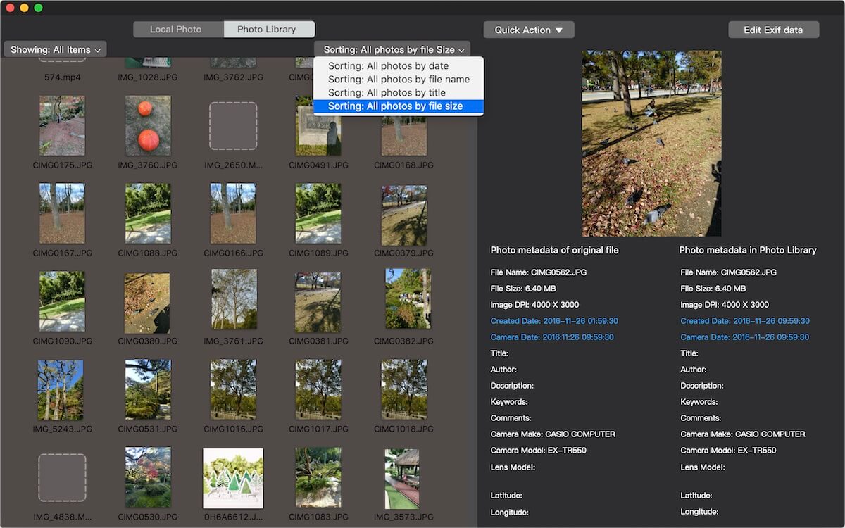 sort photos in Mac Photos by file size