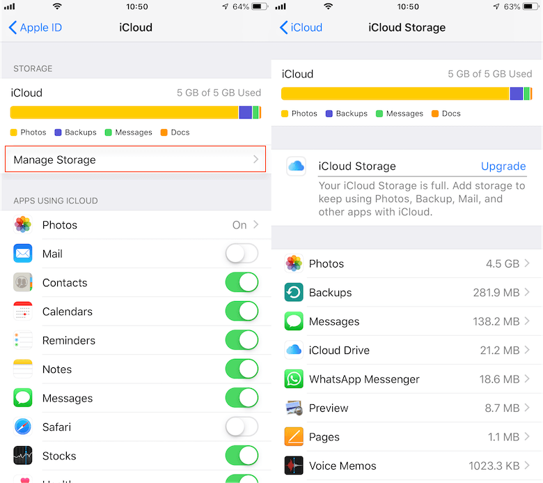 Check the iCloud storage space