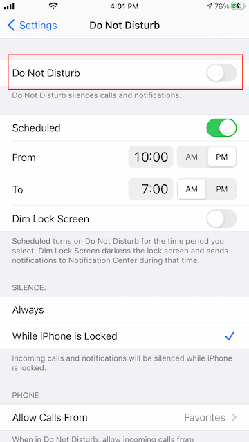 turn off do not disturb on iPhone
