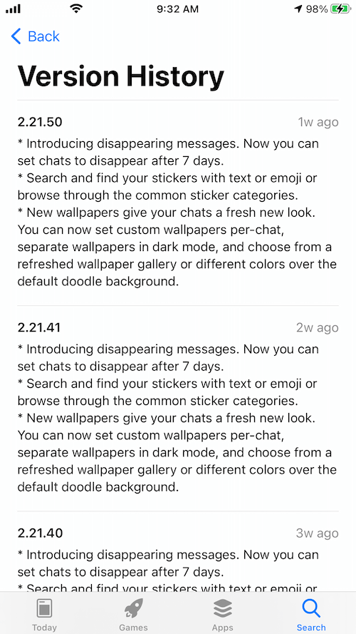 whatsApp update version history